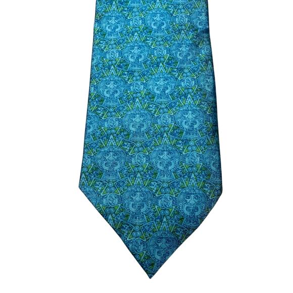 NEW Pineda Covalin 100% Silk Tie Piedra Del Sol Sun Stone Mexico Turquoise Blue - Picture 6 of 11